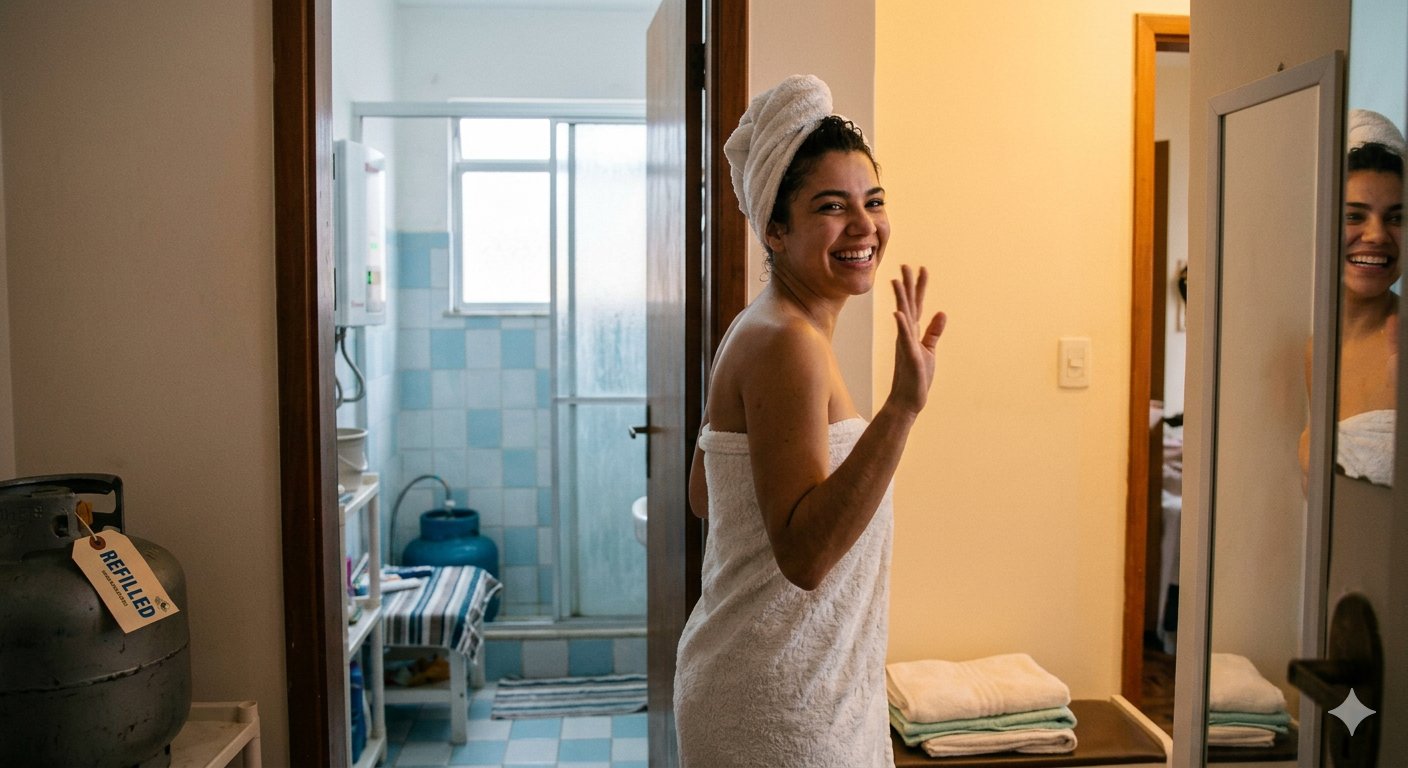 Mulher feliz após banho quente