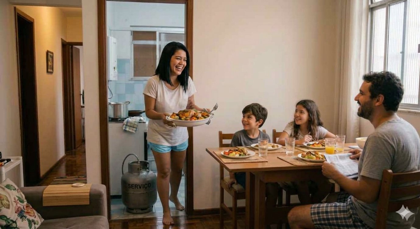 Mulher feliz cozinhando