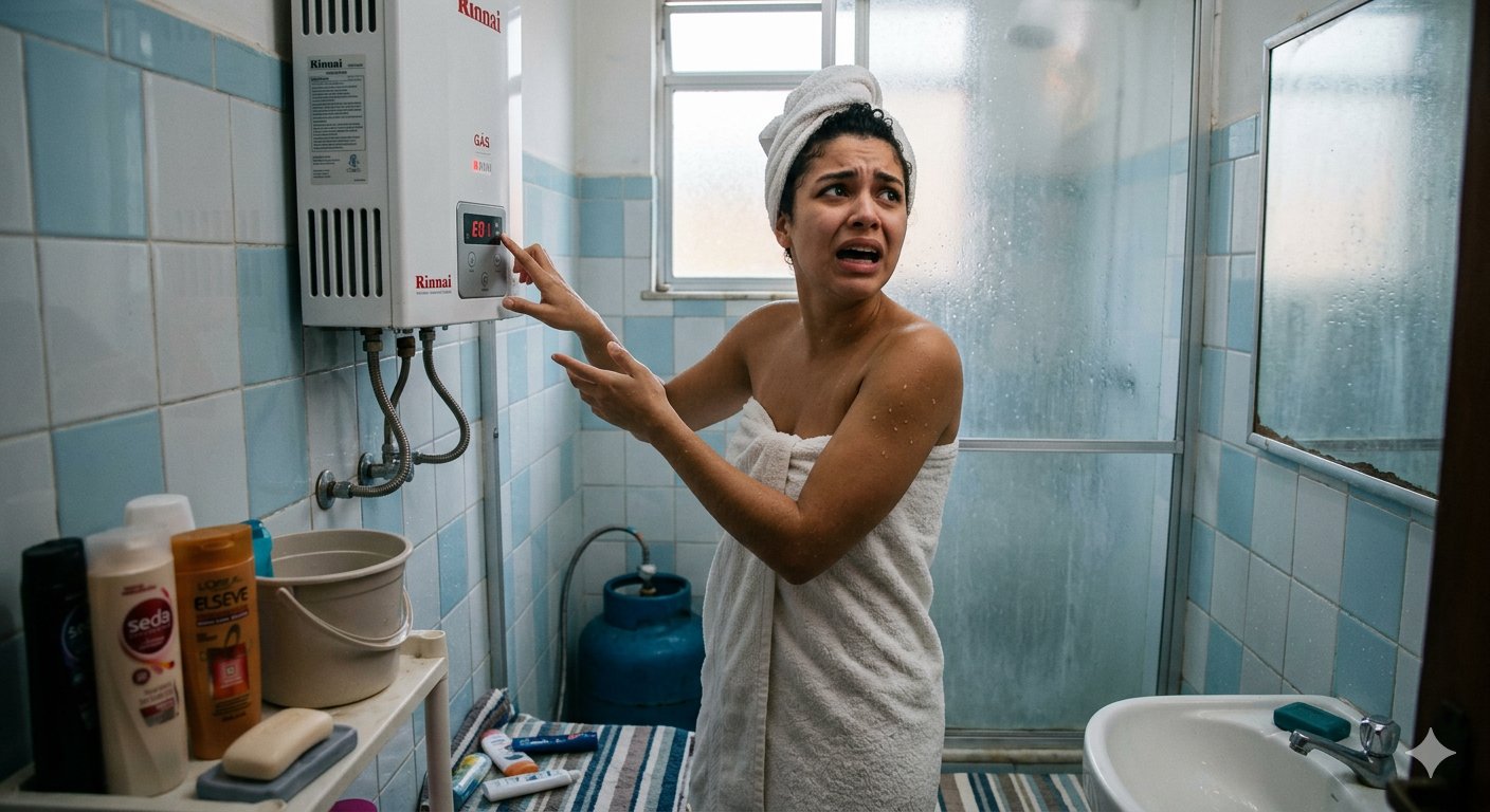 Mulher desesperada sem gás no banho