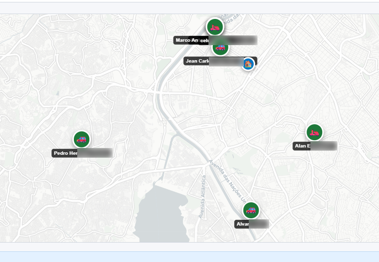 Mapa GPS com a posição de cada entregador