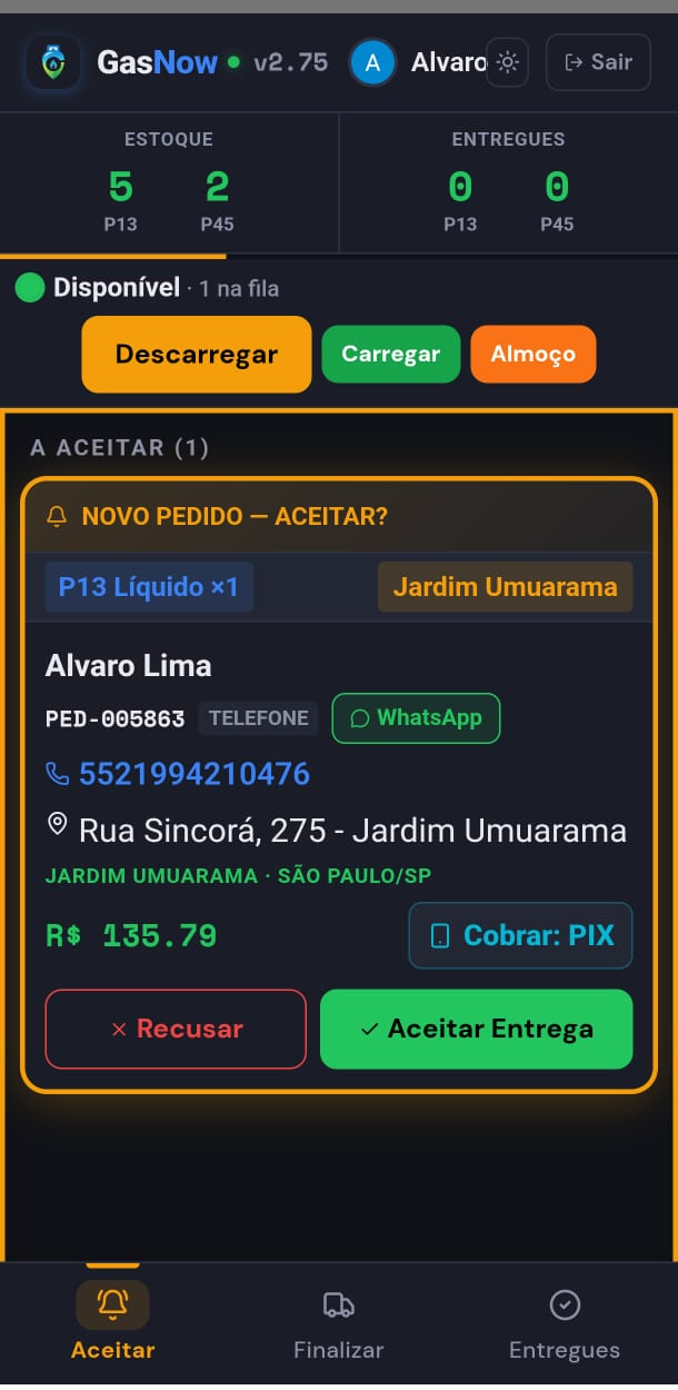App do entregador com um novo pedido para aceitar