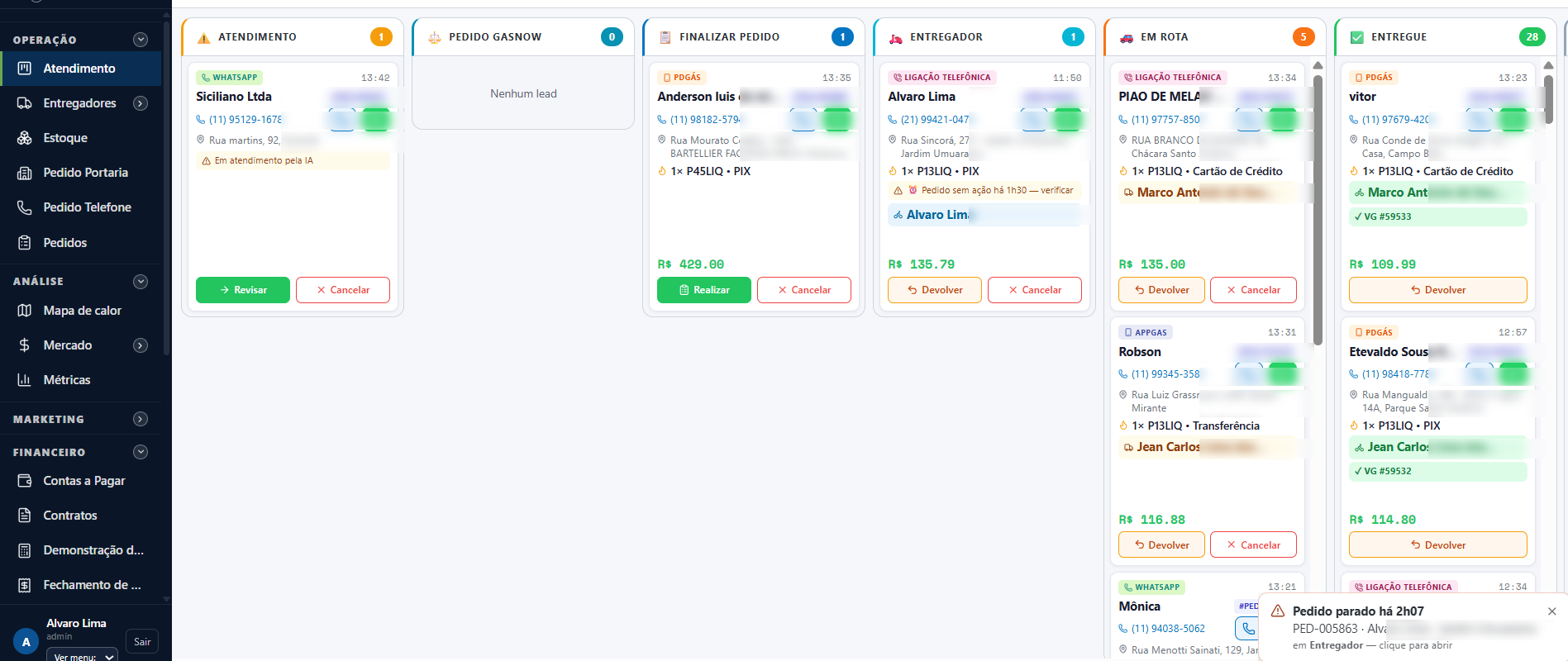 Painel de atendimento do GasNow Revenda